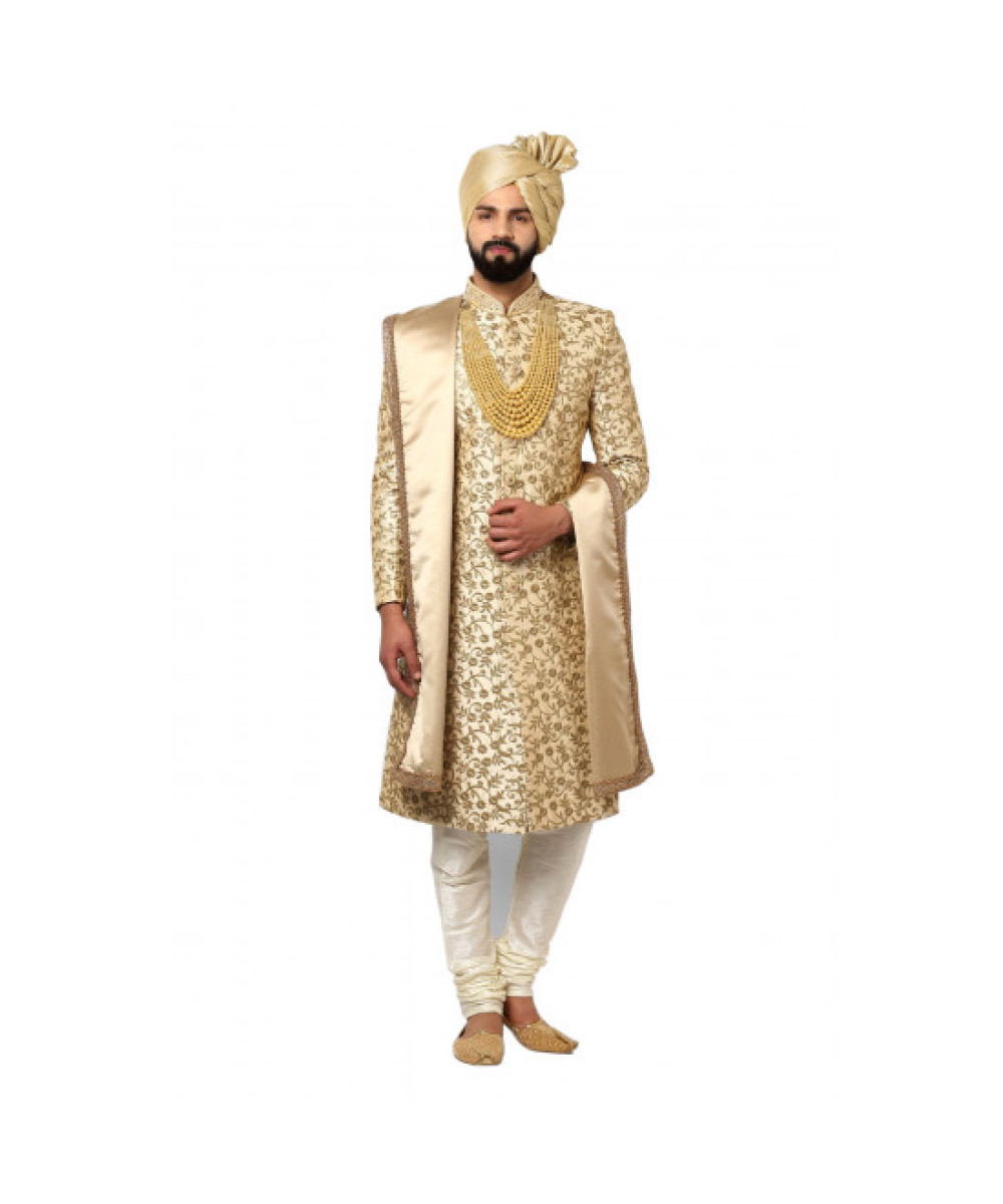 Heavy Embroidery Beige Sherwani 