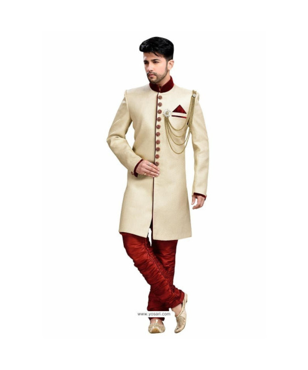 Traditional Maroon Opulent Beige Sherwani 